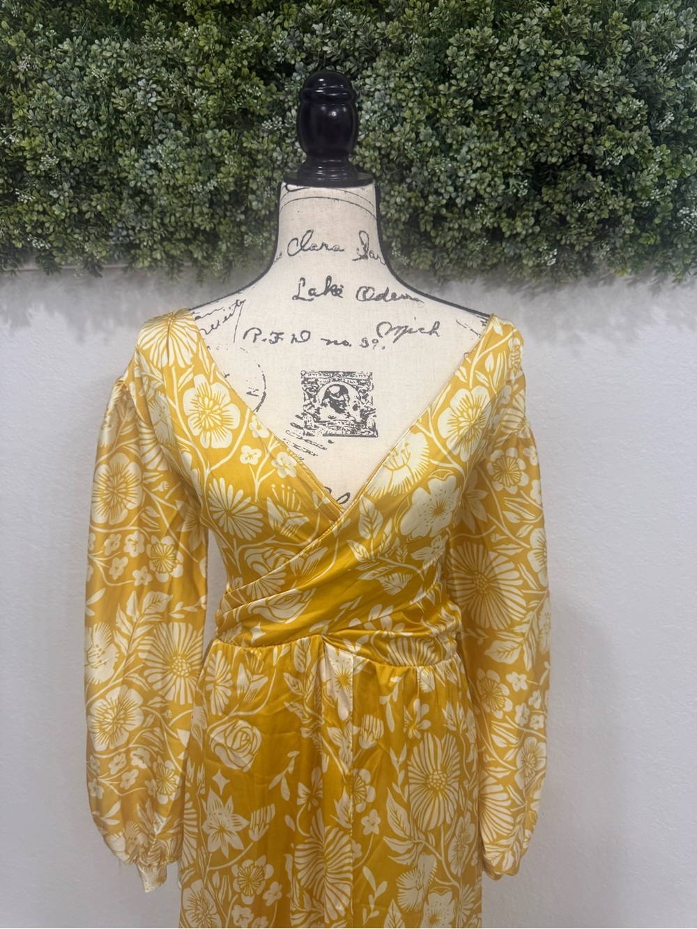 Yellow Floral Wrap Maxi Dress, Long Sleeve - Picture 3 of 6